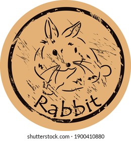 Rabbit silhouette vector round shabby emblem flat design, old retro style. Cute bunny icon mail stamp on craft paper. Shape of hare vintage grunge sign. Retro classic design.