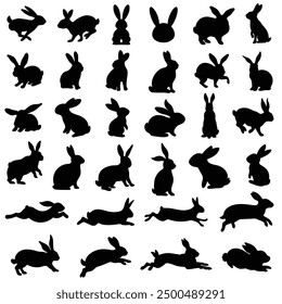 Rabbit silhouettes Black vector set featuring different poses, Easter bunny from various angles and postures including side, back, close up, sitting, standing, running.