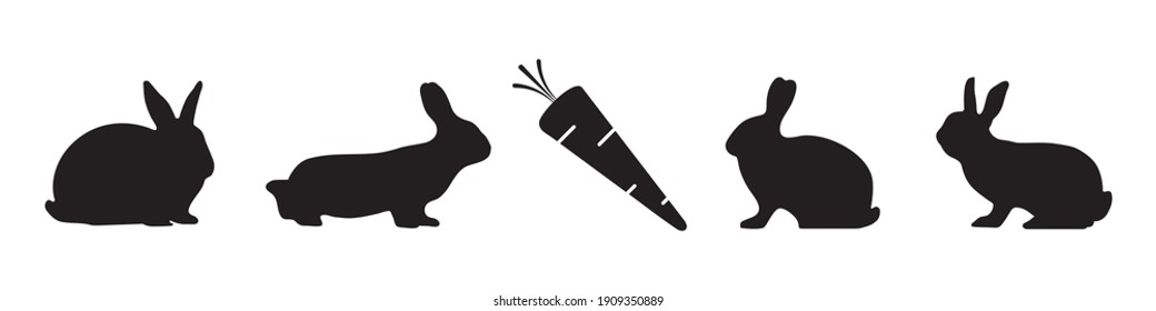 Rabbit Silhouettes And Carrot - Black Vector Illustration Set - Isolated On White Background