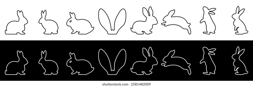 Rabbit Silhouettes collection in outline style. A Minimalist Animal Design. Vector illustration isolated on Light and Dark background.