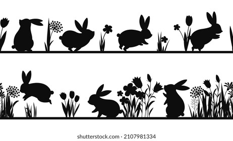 Rabbit silhouettes in grass. Bunny on meadow, black spring seamless pattern. Decorative stickers for decor, floral easter vector background