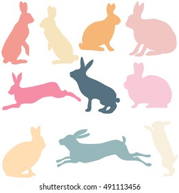rabbit silhouettes on the white background, vector illustration.