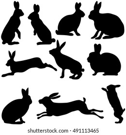 rabbit silhouettes on the white background, vector illustration.