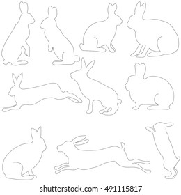 rabbit silhouettes on the white background, vector illustration.