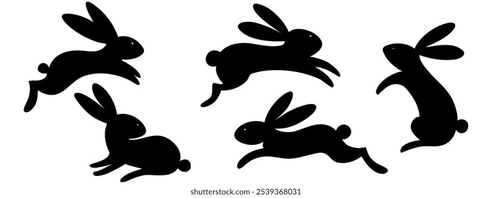 Rabbit silhouettes on white background,Easter bunny black paper cutout for Spring,Easter Holiday.Vector cute Hare rabbit characters in different style for  design Chinese Celebrating the Moon Festival