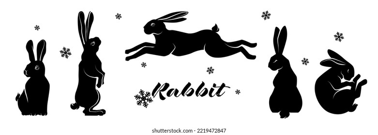 Rabbit silhouettes set, hares stencil, bunny vector illustration