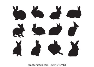 Siluetas de conejo de arte vectorial, Iconos, color negro aislado en fondo blanco. Logo, papel pintado.