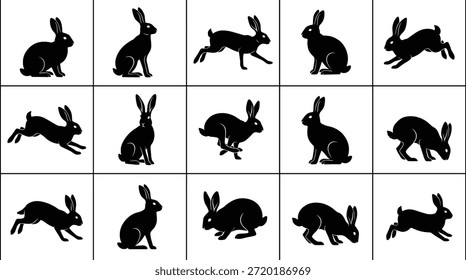 Ilustración vectorial de siluetas de conejo, conejo negro posa en la cuadrícula blanca, diseño de postura animal, Clipart editable, sentado corriendo, agachándose, concepto de rompecabezas visual, educación en biología, lindos gráficos de criaturas