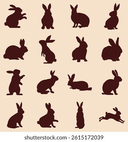 Rabbit silhouettes vector illustration, perfect for Easter, spring celebrations. Features adorable, fluffy bunnies in various poses - hopping, sitting, standing. Ideal for nature, wildlife themes 