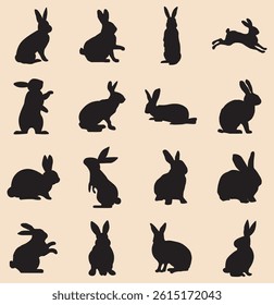 Rabbit silhouettes vector illustration, perfect for Easter, spring celebrations. Features adorable, fluffy bunnies in various poses - hopping, sitting, standing. Ideal for nature, wildlife themes 