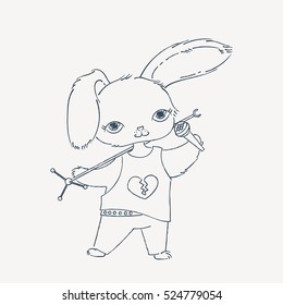 Rabbit singer with a mic and microphone stand. Doodle rock music illustration. Cartoon vector.