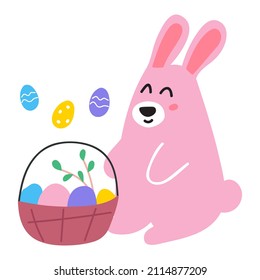 Rabbit sit with Easter basket. Vector hand drawn illustration.