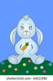 Rabbit siting on a flower meadow and holding carrot in paws