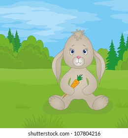 Rabbit siting on a meadow in summer forest and holding carrot in paws. Vector