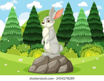 A rabbit sits atop rocks in a lush forest.