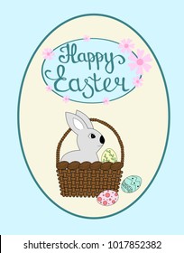 Rabbit sits in the basket, colorful eggs on background, Happy Easter lettering. Easter greeting card or invitation, vector illustration