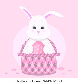 Un conejo se sienta en una canasta y sostiene un huevo de Pascua. Feliz Pascua. Ilustración de vector