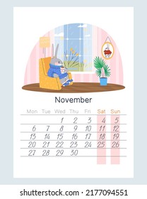 The rabbit sits in a chair by the window. Room interior. November 2023 calendar. Flat vector illustration. Eps10