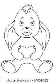 Rabbit sits and holds in paws heart, a symbol of love. Contours