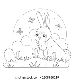 A rabbit sits next to a growing carrot coloring book. The bunny character grows crops coloring page. Vector spring or summer illustration.