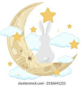 A rabbit sits on a crescent moon with stars