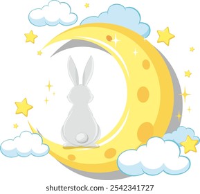 A rabbit sits on a crescent moon surrounded by stars