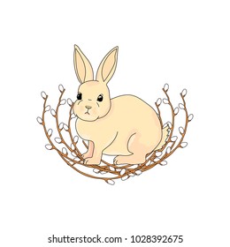 The rabbit sits on the willows. Greeting card for Easter. Hand drawing of an animal. Vector illustration in pastel shades.