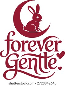 Un conejo se sienta pacíficamente en una luna creciente con letras florales