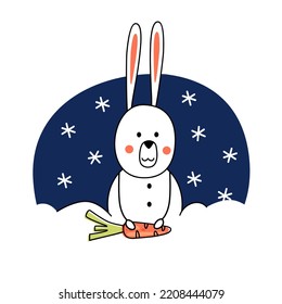 The rabbit sits in a snowdrift and holds a carrot on a blue background and snowflakes. Cute stylized rabbit. Funny doodles on the New Year theme.