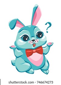 The rabbit sits and spreads his hands. Social illustration of a sticker with a confused stupid bunny and question mark