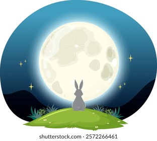 A rabbit sits under a glowing full moon