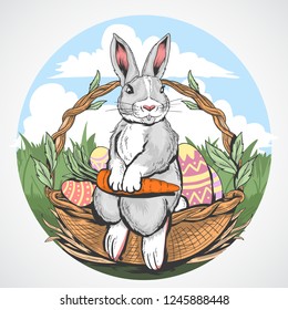 The rabbit sits while holding a carrot