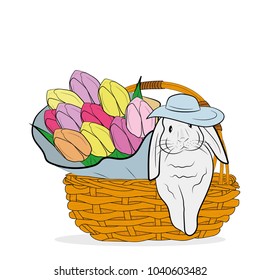 a rabbit is sitting in a basket with a bouquet of flowers. the concept of spring and the Easter holiday. vector illustration.