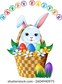 A rabbit is sitting in a basket full of Easter eggs
