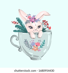 The rabbit sitting in the big cup and cute flower. The rabbit wear flower crown sitting in the big cup. The character of cute bunny