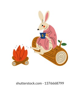 Rabbit Sitting by Bonfire with Cup of Tea, Animal Character Having Hiking Adventure Travel or Camping Trip Vector Illustration