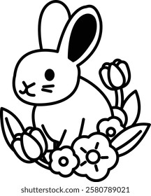 A rabbit is sitting in a field of flowers. The rabbit is cute and the flowers are colorful