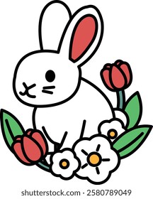 A rabbit is sitting in front of a bunch of flowers. The rabbit is white and has a red ear. The image has a cute and playful mood