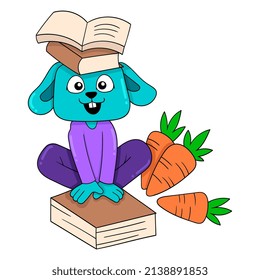 the rabbit is sitting on a book to study education, vector illustration art. doodle icon image kawaii.