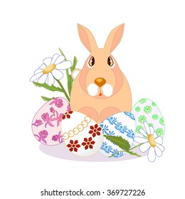 rabbit sitting on Easter egg, daisies on a white background