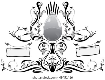 rabbit sitting on the egg. Four birds holding text fields in their beak. Floral design near the egg looks like a cup. The design is created in black-white color scheme