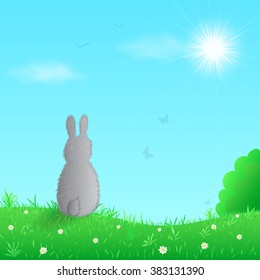 Rabbit sitting on the grass on sunny sky background. Vector illustration.