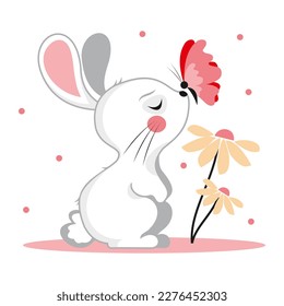 A rabbit is sitting on a green meadow. Hare in summer on the nose butterfly Vector illustration with cute animals in cartoon style.