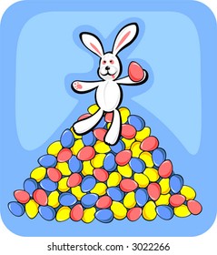 The rabbit sitting on a heap of multi-colored easter eggs.