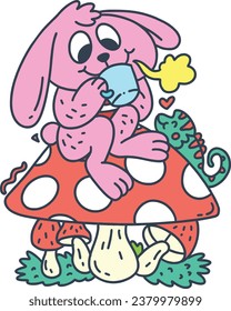 Rabbit Sitting on Mushroom Vector Design