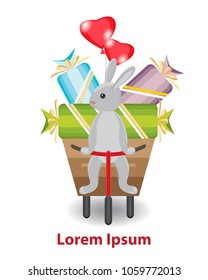 rabbit sitting on a tricycle with a cart. The character carries colorful candies and balloons in the shape of heart. Isolated, white background. Birthday card design element, baby shower invitation