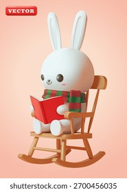 Rabbit sitting in a rocking chair reading a book, 3D vector. Suitable for events