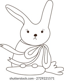 Kaninchen sitzend mit Schal Schleife und langes Ohr in sauberer Konturzeichnung. Symbol der Zärtlichkeit, Kindheit, Osterhase und Kindergarten Dekor Betonung auf ruhige Stimmung. Cartoon, Vektorgrafik.