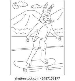 rabbit skate funny coloring book page for kids or grown adults coloring book mindful relaxation activity