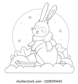 Rabbit skiing children's coloring book. Happy bunny in a scarf and on skis coloring page. Vector black and white illustration.